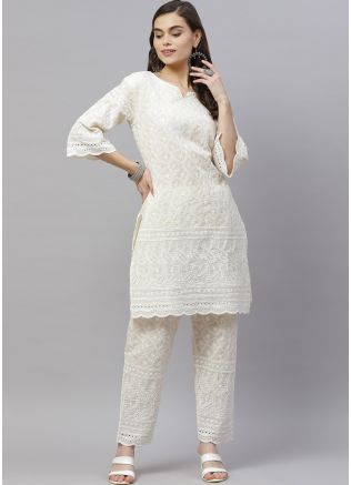 Beige Chikankari Embroidered Kurta Set