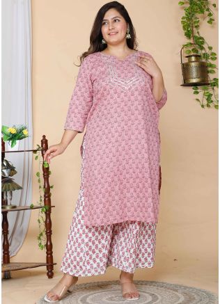 Pink Floral Printed Kurta Set In Cotton