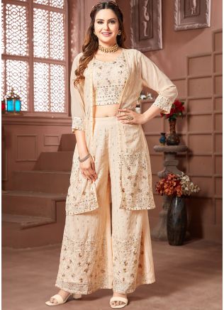 Cream Embroidered Jacket Style Georgette Co-Ord Set