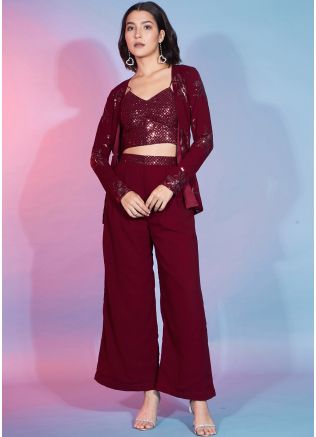 Maroon Sequins Work Co-Ord Set