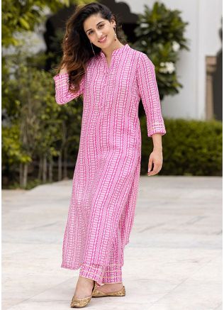 Pink Printed Cotton Kurta Set