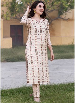 Cream Printed Kurta With Pant