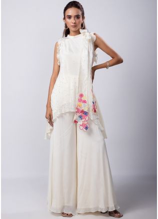 White Embroidered Co-ord Set In Chiffon