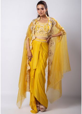 Yellow Embroidered Skirt Set With Jacket