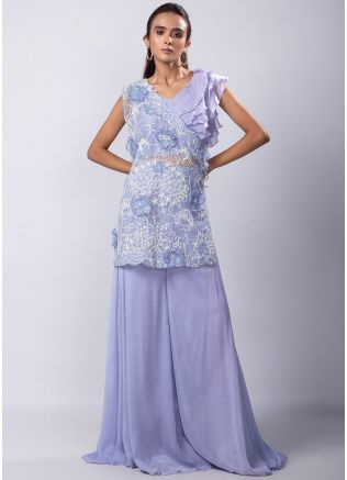 Purple Embroidered Palazzo Set In Art Silk