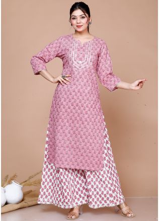 Pink Floral Print Cotton Kurta & Palazzo