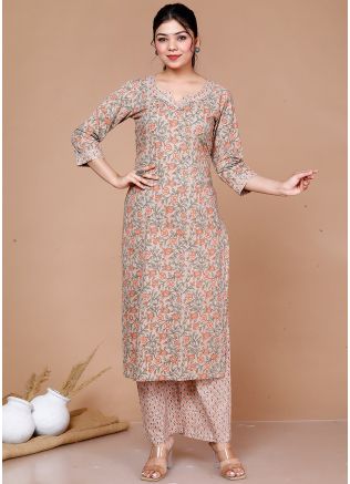 Readymade Brown Floral Print Kurta Set