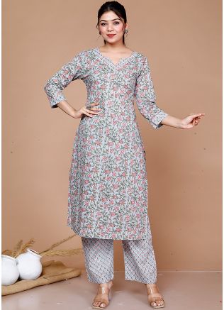 Blue Readymade Kurta Set In Floral Print