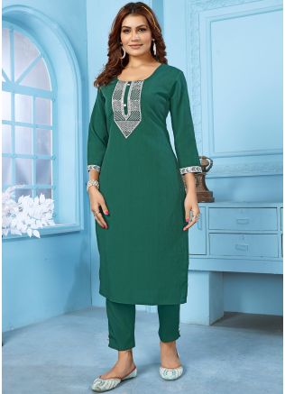 Green Readymade Embroidered Kurta Set