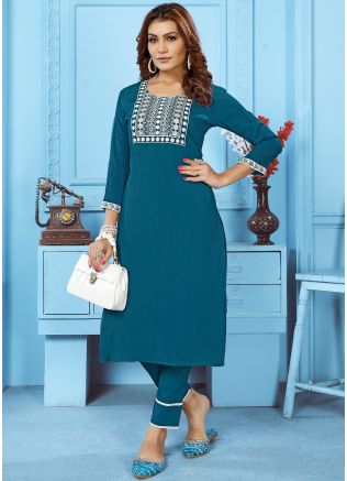 Blue Thread Embroidered Kurta With Pant