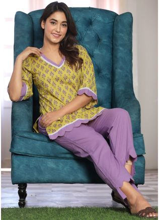 Yellow Printed Cotton Kurti Set