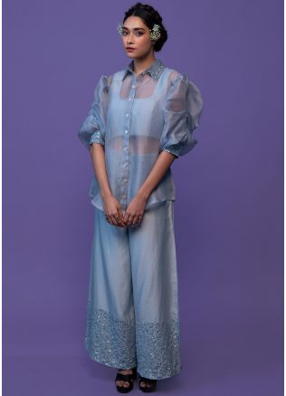 Blue Embroidered Organza Co-Ord Set