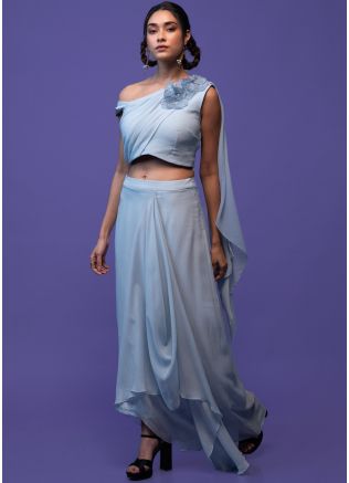 Blue Readymade Crop Top & Draped Skirt Set