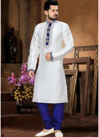 Readymade White Art Silk Kurta Churidar Set