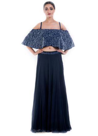 Navy Blue Bandeau Top With Georgette Skirt