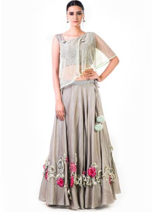 Grey Embroidered Skirt With Cape Style Top