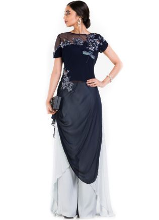 Dark Blue Draped Top With Layered Palazzo