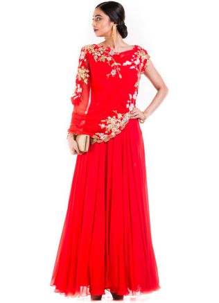 Bright Red Gown With Embroidered Jacket