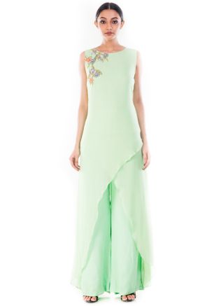 Pastel Green Asymmetric Tunic With Palazzo