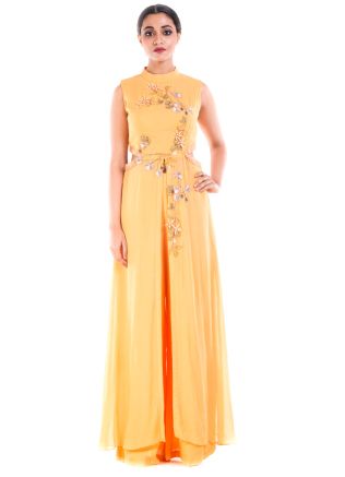 Yellow Cut-Out Long Georgette Kurta With Palazzo