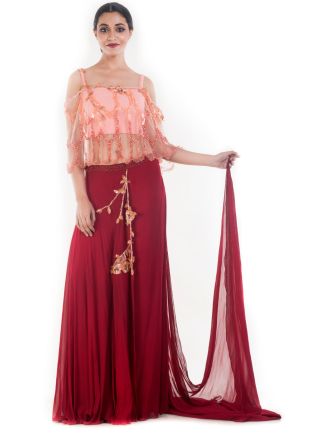 Peach Embellished Top With Maroon Palazzo