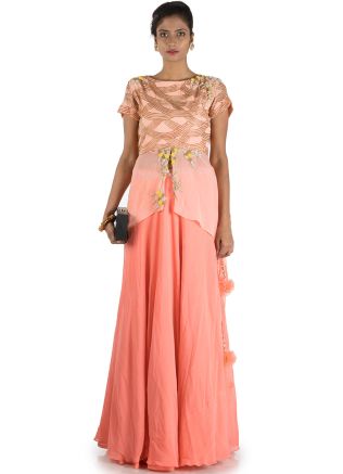 Peach Georgette Asymmetric Kurta With Skirt