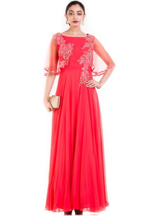 Coral Red Gown With Half Embroidered Cape