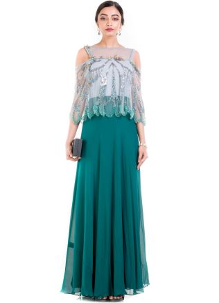 Teal Green Flared Gown With Embroidered Cape