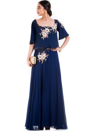 Blue Embroidered Cape Style Georgette Gown