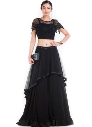 Black Twin Layered Chiffon Skirt With Cape