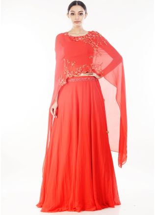 Red Georgette Asymmetric Cape With Skirt