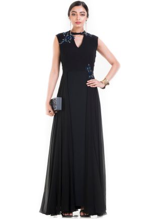 Black Flared V-Neck Georgette Gown