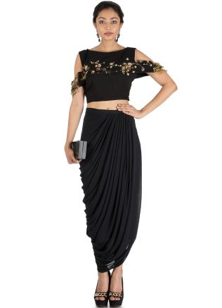 Black Georgette Crop Top With Cowled Skirt