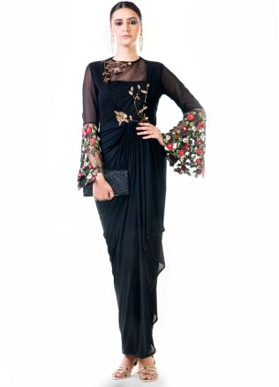 Black Embroidered Georgette Lycra Draped Gown