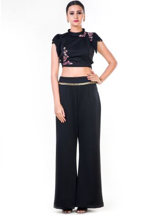 Black Georgette Fringed Crop Top With Pant