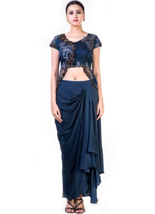 Indo Western Outfits: Buy Navy Blue Satin Crop Top With Draped Skirt