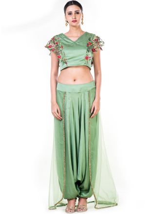 Green Satin Crop Top With Dhoti Set