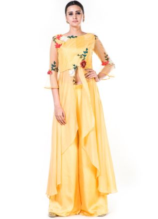 Yellow Assymetric Art Silk Net Tunic With Palazzo 