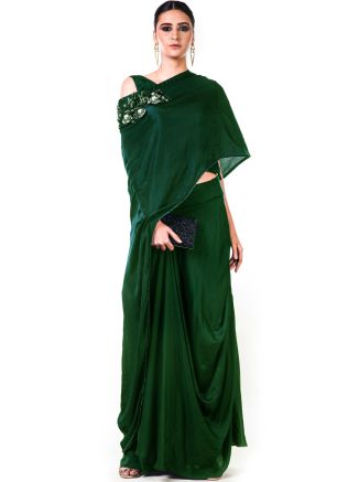 Green Satin Skirt With Asymmetric Cape