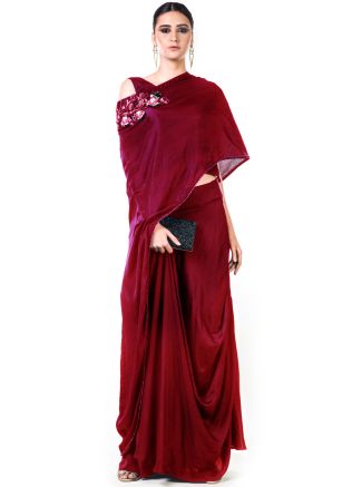 Maroon Satin Skirt With Asymmetric Cape