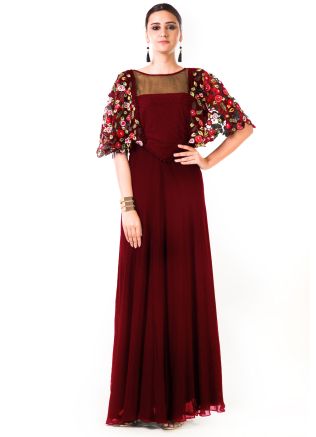 Maroon Hand Embroidered Cape Style Gown