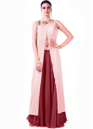 Pink Over-Lapped Crop Top With Palazzo