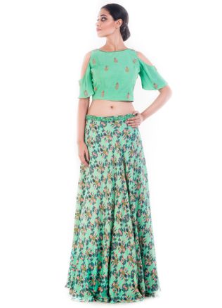 Green Embroidered Crop Top With Printed Skirt