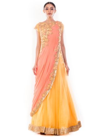 Yellow & Peach Saree Style Indo Western Gown 