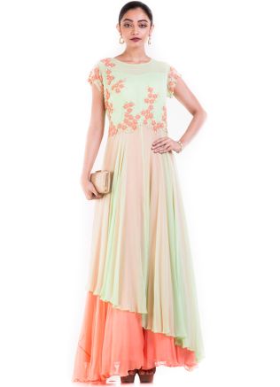 Pastel Green & Orange Layered Chiffon Gown