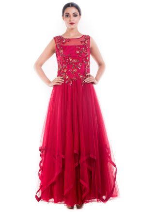 Maroon Embroidered Net Flared Princess Gown