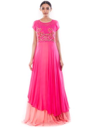 Pink Shaded Twin Layered Asymmetric Gown