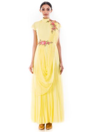 Yellow Hand Embroidered Gown With Attached Dupatta