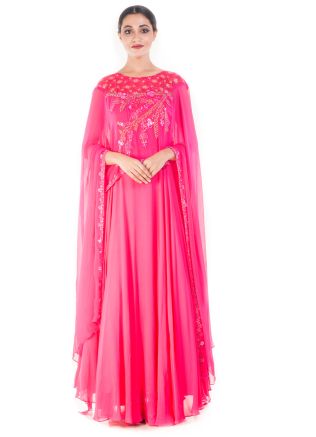 Fuchsia Pink Cape Style Gown