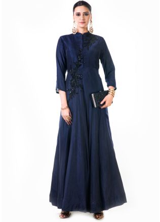 Navy Blue Embroidered Silk Gown